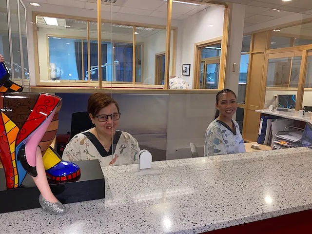 To tannleger i arbeid bak resepsjonen